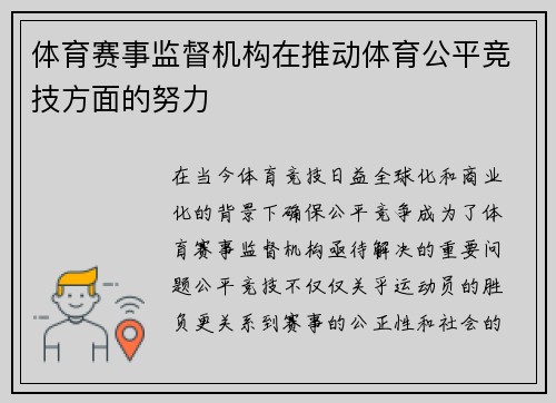 体育赛事监督机构在推动体育公平竞技方面的努力
